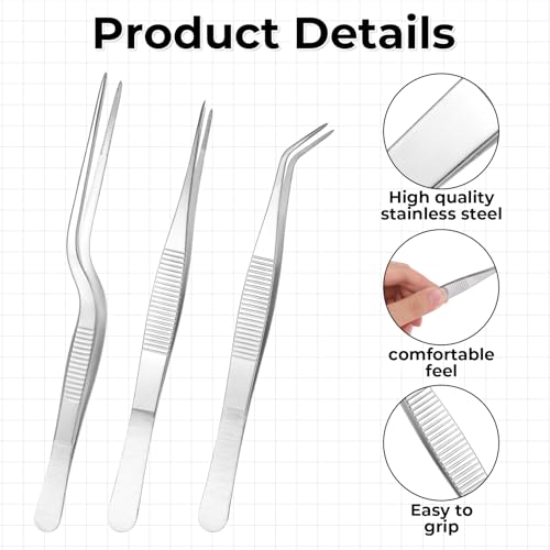 Garden Tweezers, 3 Pcs Stainless Steel Plant Tweezer Set Straight and Curved Precision Tweezers Multipurpose Bonsai Tools for Garden, Kitchen, Indoors and Outdoors (6.22Inch / 6.33Inch / 6.4Inch)