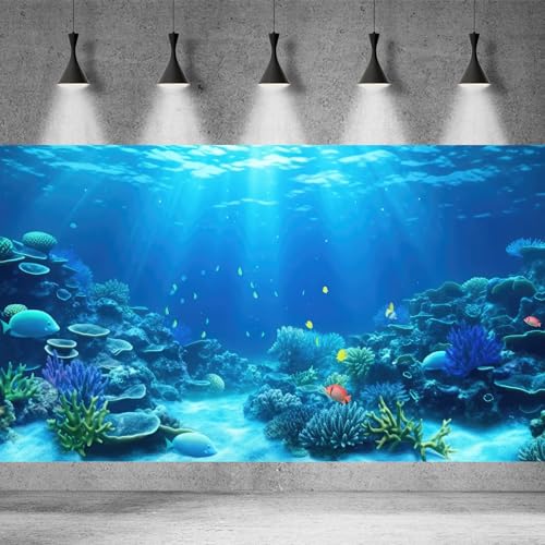 Underwater Aquarium Background Coral Reef Tropical Fish Terrarium Background Deep Blue Ocean Sea Sunbeams Aquatic Plants Fish Tank Backdrop Poster Wallpaper Decorations Vinyl 24x12in - color: Blue, size: 24(W)x12(H)in