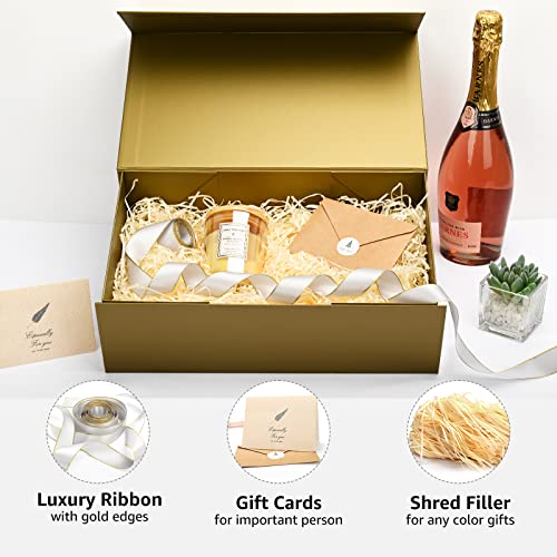 LIFELUM Empty Gift Boxes 2 Pack 13.85 x 8.35 x 4.45 inch Rectangle Collapsible Box with Magnetic Lid and Ribbon,Card,Shredded Paper Filler - color: Cyan Gold, size: 1 count (Pack of 2)