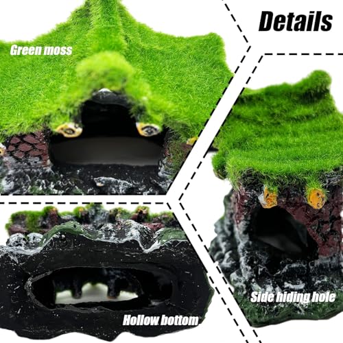 Aquarium Decoration House Resin Hollow Hideout House,Small Betta Fish Hide Accessories Cave Ornament Tank Small Fish Shrimp Hideaway with Moss