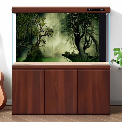 Deep Forest Aquarium Background Tranquil Lake Foggy Misty Rainforest Terrarium Background Tropical Jungle Old Trees Fish Tank Background Natural Forest Landscape Aquarium Backdrop Poster Vinyl 24x12in - color: Grey, size: 24(W)x12(H)inches/ 60(W)*30cm(H)
