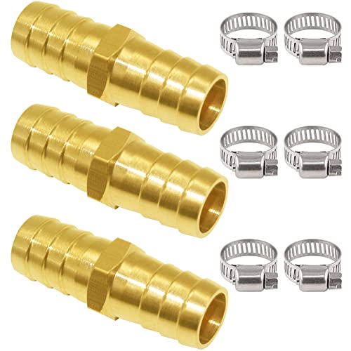 Joywayus 5/8" Hose Barb Hex Union Brass Fitting Water/Fuel/Air with 6 Stainless Steel Clamps (Pack of 3) - size: 5/8", style: 3PCS