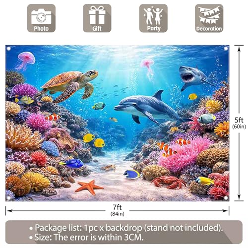 Fabric 7x5ft Under The Sea Photography Backdrop Ocean Underwater World Animals Tropical Fish Dolphin Turtle Mermaid Sunlight Background Kids Party Decorations Photo Props - size: 7'x5'
