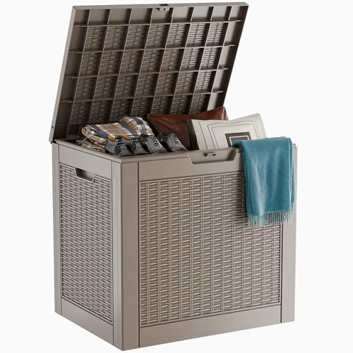 PatioZen 30 Gallon Resin Deck Box, Lockable Patio Outdoor Storage Box for Furniture, Garden Tools and Tools Storage, Waterproof Outside Storage Boxes - Grey - color: Grey, size: 30 Gallon