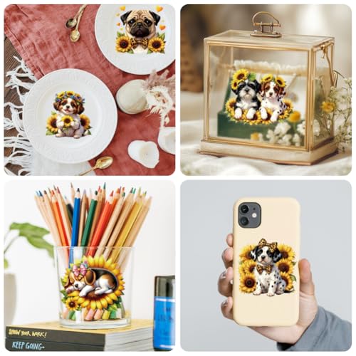 Peacoblue 18 Sheets Rub on Transfers for Crafts, Sunflowers and Puppy 3.6"x3.9" UV DTF Cup Wraps Waterproof Cold Transfers Stickers for Wood Glass Metal Cup Tumblers Mirrors Mugs Home Decor - style: Sunflowers and Puppy
