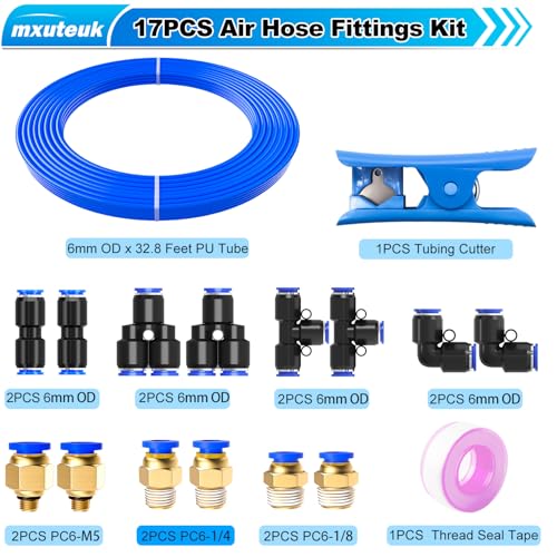 mxuteuk 6mm Air Line Tubing Kit,6mm Air Hose Kit,6 mm x 32.8 Feet(10 Meter) PU Tube with Push to Connect Fittings - style: 6mm OD Hose