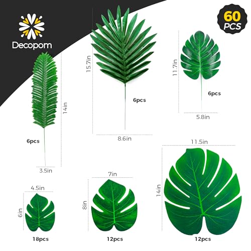 Decopom Artificial Palm Leaves 60-108 Pack - 6 Kinds Large Small Green Fake Palm Leaf with Stems for Safari Jungle Hawaiian Luau Party Table Decoration Wedding Birthday - style: 60 Pack