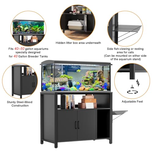GDLF 40 Gallon Breeder Tank Stand，40–50 Gallon Fish Tank Stand with Hidden Cat Litter Box Cabinet and Cat Perch,36.6"x18.9"Tabletop, 660 LBS Capacity - size: 40-50 gallon