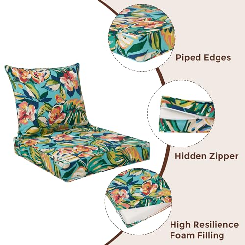 FUNHOME Outdoor Seat Cushion Set 24 x 24 x 4 Inch,Water Resistant Outdoor Chair Cushions for Patio Furniture,Thick Deep Seating Pads for Outside Chair Sofa Couch, Rosario Flower Leaf - color: Rosario Flower Leaf