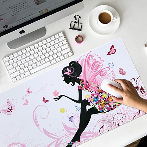 iCasso Extended Gaming Mouse Pad (35.4x15.7 in), Large 3mm Non-Slip Rubber Base Mousepad with Stitched Edges, Waterproof Keyboard Mouse Mat Desk Pad for Work, Game, Office, Home - Butterfly Girl - color: Butterfly Girl