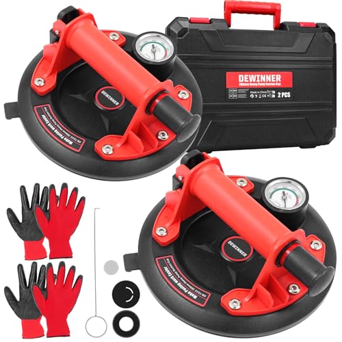 DEWINNER 8" Glass Suction Cups with Pressure Gauge - 662 lbs Load Capacity - Industrial Vacuum Lifter for Large Glass, Tile, Granite, Windows, and Windshields - Includes Carrying Case - 2 Pack - color: Red With Pressure Gauge