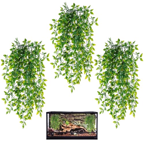 Reptile Plants, 3 Pack Terrarium Hanging Plants Vines Artificial Leaves Habitat Decorations with Suction Cup for Bearded Dragon Hermit Crab Lizard Snake Geckos Chameleon - color: 3 Pack
