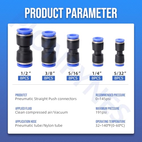 40PCS Straight Push Connectors Quick Release Plastic Push to Connect Fittings Kit 5/32" 1/4" 5/16" 3/8" 1/2" inch Quick Connect Air Hose Fittings - size: Kit 40PCS