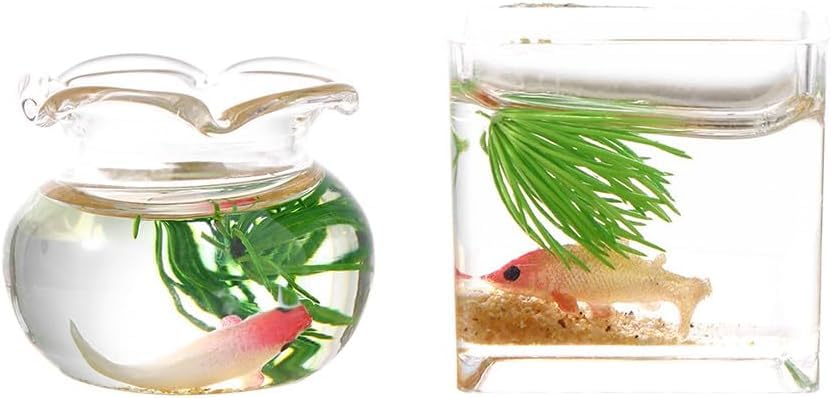 2Pcs Miniature Fish Bowl,1: 12 Miniature Glass Goldfish Tank Desktop Dollhouse Ornaments for Garden Scene Decor Mini Dollhouse Accessories