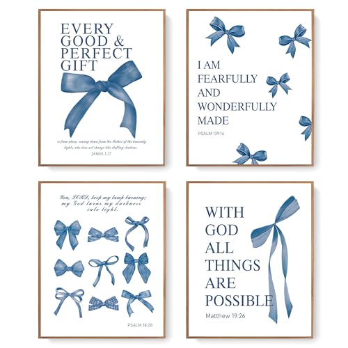 LARTSFRO Coquette Navy Blue Bow Wall Art Decor Posters, Navy Blue Bow Room Bedroom Bathroom Dorm Wall Art Decor Aesthetic for Teen Girls Gifts, Inspirational Bible Verses Bow Wall Decor, 10x8 Inch Set of 4 Pcs Bow Pictures (UNFRAMED) - color: Navy blue bo