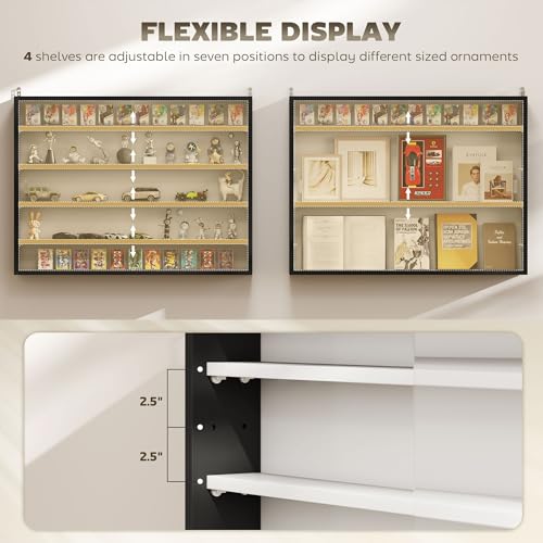 HOMCOM 5-Tier Display Cabinet, Glass Door Cabinet with Adjustable Shelves, Wall-Mounted Display Case for Playroom, Bedroom, Black and White - color: Black and White