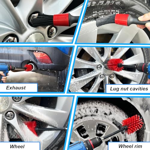 Wheel Brush Kit, Soft Drill Wheel Cleaner Brush, No Scratches Highly Dense Car Cleaning Brush Set for Wheels, Rims, Engines, Exhaust(Red/Black,2Pcs) - color: Red/Black,2pcs