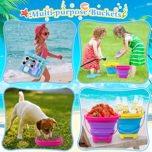 Collapsible Beach Buckets for Kids, 2 Packs Foldable Sand Buckets and Shovels with Mesh Beach Bag, Silicone Sand Pails for Toddlers Beach Toys, Easter Egg Hunt, Camping, Travelling, Fishing Water Pail - style: 2 Buckets