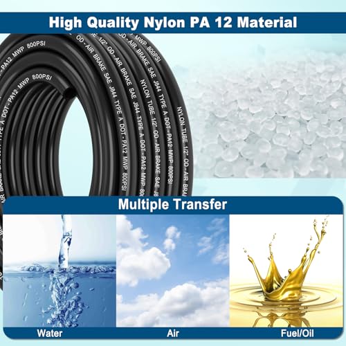 50FT 1/2 DOT Air Line SAE J844 PA12 Nylon Air Hose with Cutter 1/2” OD Pneumatic Tubing DOT Approved 1/2 Air Brake Hose for Air Suspension Kit Truck Trailer Brake System & Fluid Transfer 15.5m - size: 1/2" OD 50FT