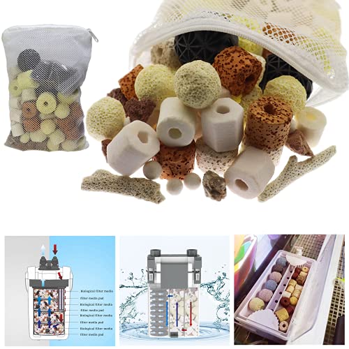 Aquarium Filter Media: 12-in-1 Bio Balls & Ceramic Rings Kit (500g) for Fish Tank or Pond - Includes Zippered Mesh Bag - size: A Style 500g