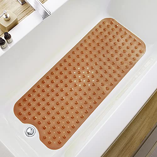 TEESHLY Bathtub Mats for Shower Tub, Extra Long Non-Slip 39 x 16 Inch Bath Mat with Drain Holes and Suction Cups, BathMat for Bathroom with Machine Washable (Clear Brown) - color: Clear Brown