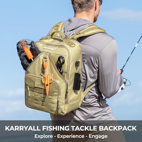 KastKing KarryAll Fishing Tackle Backpack with Rod Holder 4 Tackle Boxes,40/26L Tackle Bag Storage Fishing Gear and Equipment - color: E: Medium (26 L) - Khaki