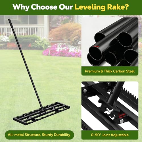 Roylvan Lawn Leveling Rake, 2-in-1 Double Side Lawn Leveler Tool with 32x10in Ground Plate & Adjustable 78in Handle, Heavy Duty Carbon Steel Landscape Leveler for Grass Yard Garden Soil Sand Gravel