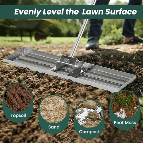 Goplus Lawn Leveling Rake, 36" x 10" Heavy Duty Level Lawn Tool w/ Ergonomic Handle for Soil, Effort-Saving Landscape Rake for Garden, Backyard, Golf Course, Farm, Pasture, Silver - style: 36" x 10", Silver
