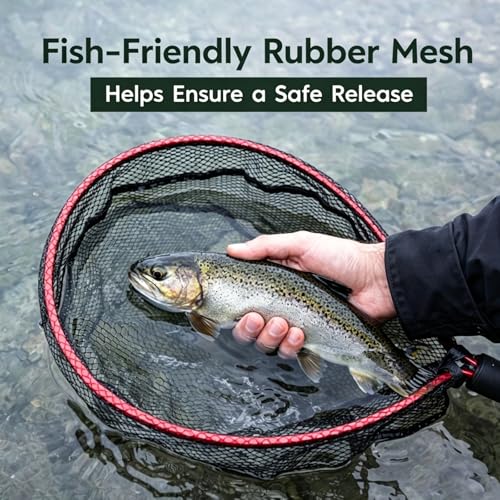 BasicGear Ultra-Light Aluminum Landing Net – Soft Mesh, Lightweight Frame, EVA Floating Non-Slip Grip, Anti-Loss Rope & Carabiner Clip, for Flying Fishing and Kayak Fishing