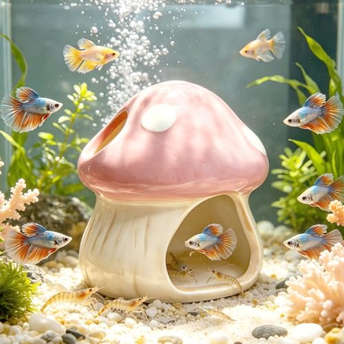 Cute Aquarium Mushroom House Betta Fish Tank Accessory Decor Mini Ceramic Fish Hideout Shrimp Cave Ornament (Pink)