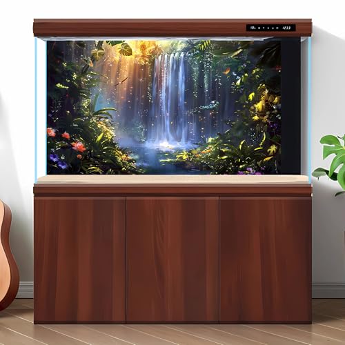 Waterfall Tropical Plants Aquarium Background Fantasy Enchanted Jungle Fish Tank Background Waterfall Cascades Vibrant Flora Sunray Reptile Tank Backgrounds Fairy Valley Terrarium Backgrounds 24x12in - color: Light Blue_Green, size: 24(W)x12(H)inches/ 60(