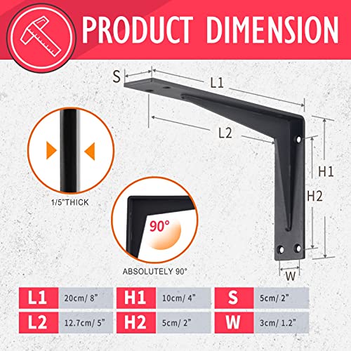 CLT 8” Black Shelf Bracket, 1/5" Thick – Heavy Duty Corner Brace, Supports 220 lbs, Industrial Modern Farmhouse Style – Right Angle Bracket for Tables, Benches, DIY Space-Saving Projects (Pack of 4) - size: 8 inches, style: Black L Gusset