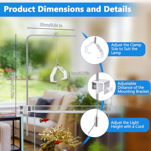 Aquarium Light Riser, 2PCS Aquarium Light Hanging Kit, Adjustable Height Stainless Steel Aquarium Light Stand Holder Bracket for Freshwater & Saltwater Aquariums, 15.74×9.84in (with Crystal Clip) - style: With crystal clip