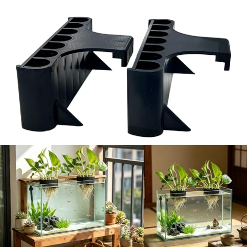 2 Pack 7-Hole Aquarium Plant Holder with Long Hook - Hanging Aquatic Plant Pot for Fish Tank, Versatile Plant Holder - Ideal for Aquascape Decorations on Top of Tank (Black) - color: Black