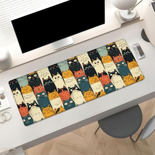 Cute Cat Gaming Mouse Pad, Adorable Retro Cartoon Cats Large Desk Mat for Computer, Extended Kitten Keyboard Laptop Mouse Pads 31.5×11.8in, Non Slip Rubber Mousepad for Office Decor Gifts - color: Cat27