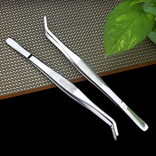 5.5 Inch Bent Tip Long Forceps Tweezers, Serrated Flat Tips Precision Curved Surgical Tongs Jewelers Needle Metal Sewing Sharp Kitchen Cooking Tweezers With Teeth Knurled Handles (1PCS-140mm) - color: Bent-1pcs-5.5inch