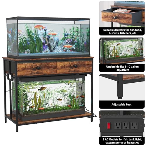 VOWNER 40 Gallon Aquarium Stand with Power Outlet, Metal Frame Fish Tank Stand with Cabinet Storage, Double Turtle Reptile Terrariums Tank Stand, 39.4" L*18.9" W Tabletop, 660LBS Capacity, Brown - color: Rustic Brown + Black