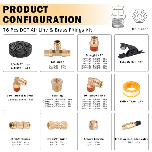 CheeMuii 72 PCS Brass DOT Air Line Fittings with 50FT 1/4" and 50FT 3/8" DOT Air Line Kit Push Lock Air Fitting Quick Connect & NPT Thread Fittings with Pneumatic Tubing - size: 2ROLL-76PCS