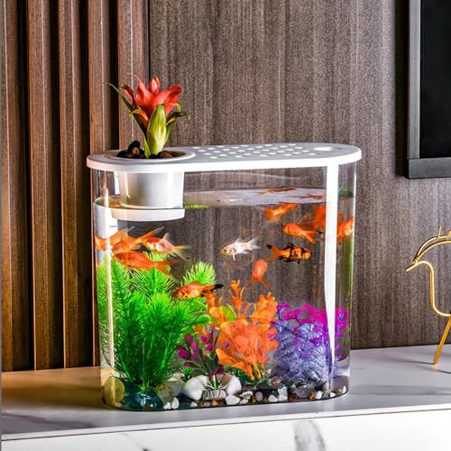 Small Fish Tank 2 Gallon, Desktop Mini Fish Tank, Starter Kits Betta Fish Tank with Decor Stones and Water Grass Decorations for Home or Office