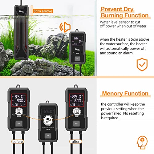 hygger Aquarium Heater 300W/500W/800W/1000W, Submersible Fish Tank Heater with Digital LED Controller and Intelligent Leaving Water Automatically Stop Heating System, for Freshwater and Saltwater - size: 800W for 80-220 Gallon