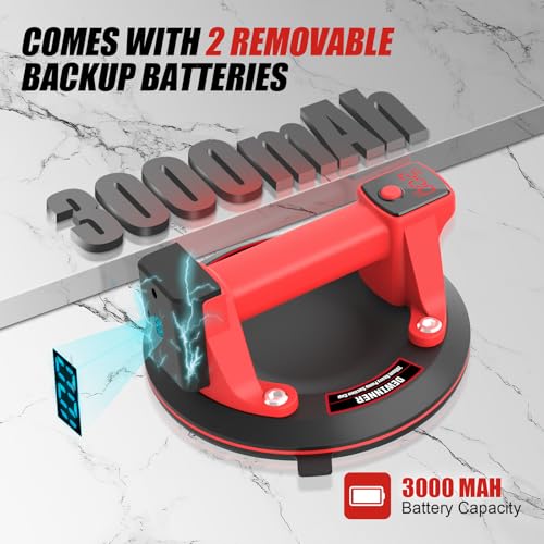 DEWINNER 8" Electric Glass Suction Cup Lifter, 200 KG/440 LBS Max Load Vacuum Glass Lifter with 2 X 3000mAh Batteries, Industrial Strength Vacuum Suction Cup for Glass, Tile, Granite, Metal - color: External 2 batteries