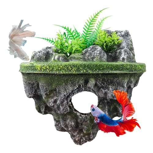 Floating Island Fish Tank Decorations – Aquarium Decor with Hideout Tunnel, Betta Fish and Shrimp Cave, PVC Aquarium Accessory with Artificial Plants - size: Large