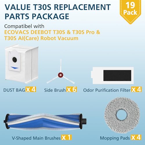 T30S Replacement Parts for ECOVACS DEEBOT T30S/T30S Pro Vacuum and Mop Accessories Kit, includes V-shaped brush, Mop pads, Hepa Filters, Dust Bags, and Side Brushs - style: T30S