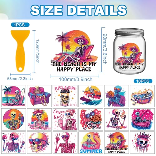 GLOBLELAND 18 Sheets 3.9x3.6inch Summer Skeleton Rub on Transfer Colorful Gothic Skull Vase Home Decals Summer Beach Cup Transfer Stickers for Halloween Furniture Vase Glass Art Crafts Decorations - style: Summer Skeleton