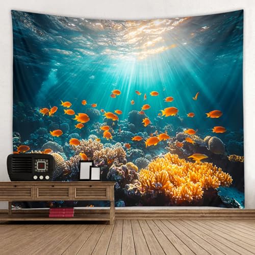 WODEJIA 3D Underwater Coral Reef Tapestry, Ocean Sunlight Fish Wall Hanging Tapestry for Bedroom Living Room Dorm, Large Blue Aquarium Marine Life Wall Art Tapestries Home Decoration（79“x59”Inches） - color: Marine Coral, size: 79"L x 59"W