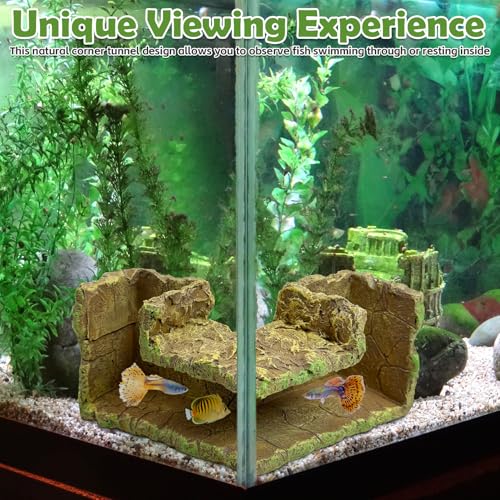 Aquarium Hideaway Cave Underground Tunnel Hideout Wood-Like Fish Tank Cave for Corners View Fish in Aquarium Decoration with 2PCS Plastic Aquatic Plants for Betta Shrimp Guppy Hide