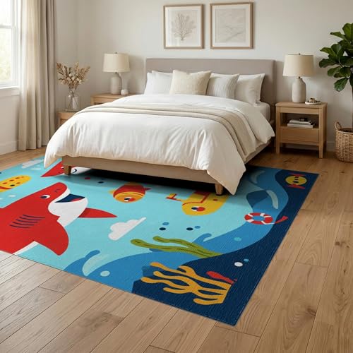 6'x9' Washable Flatwoven Rug, Red Graphic Wave Stain Resistant Large Carpet Non-Slip Chair-Friendly Floor Mat for Dining Room, Under Table, Office | Ref:2070041 - color: Blue/Pattern 18, size: 6' x 9' (Rectangular)