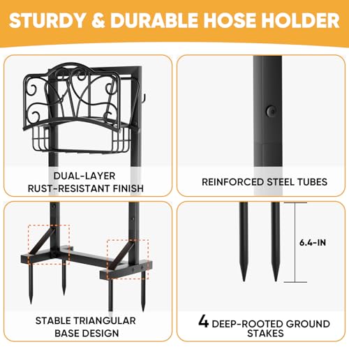 Heavy-Duty Garden Hose Holder with Storage Basket and Tool Hooks, XEAPOMS Stable Hose Hanger Metal Garden Hose Storage Holds 160Ft, Rustproof Freestanding Water Hose Holder for Outside,Yard,Lawn,Farm - color: Black
