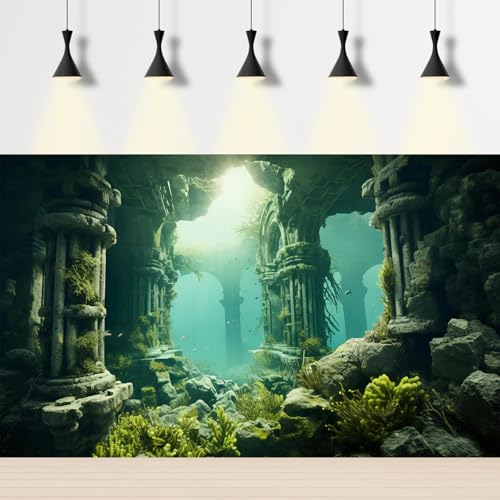 Under The Sea Aquarium Background Underwater Cave Sunken Ruins Fish Tank Background Aquatic Seagrass Coral Reefs Submerged Structure Terrarium Backgrounds Underwater City Reptile Backgrounds 24x12in - color: Green_Grey, size: 24(W)x12(H)in