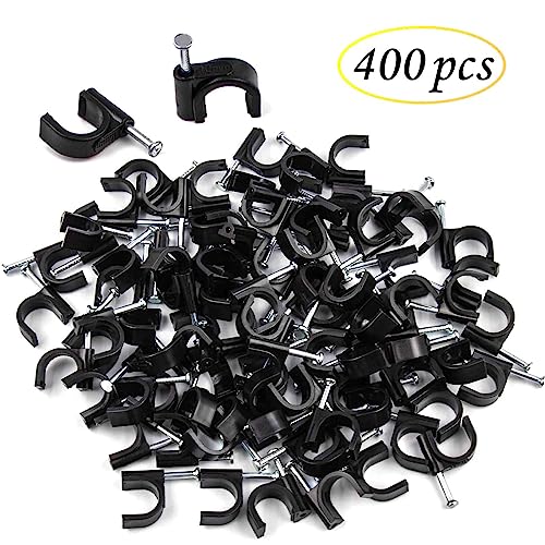 400pcs Black Cable Clips 4/6/8/10mm Cable Wire Clips Nail in Cable Clips Cable Tacks Coaxial Nail Clamps Cable Nails for Cords Cable Management RG6 RG59 CAT6 RJ45 Ethernet Cable Clips Coax Clamps